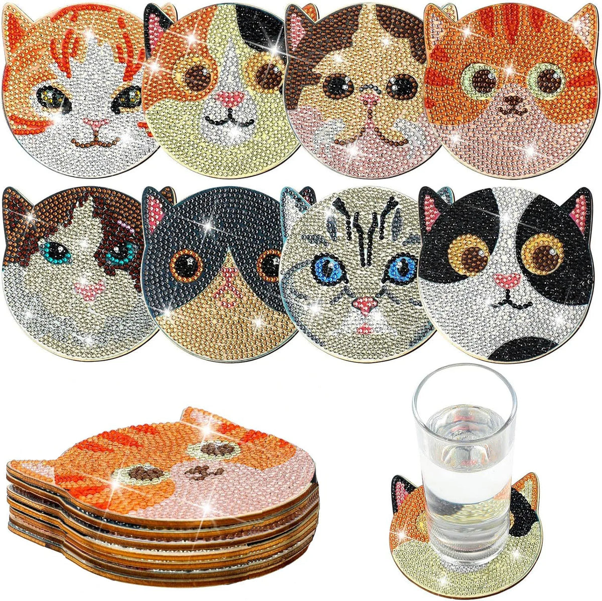 A set of eight DIY diamond art coasters featuring various cat designs on wooden bases.