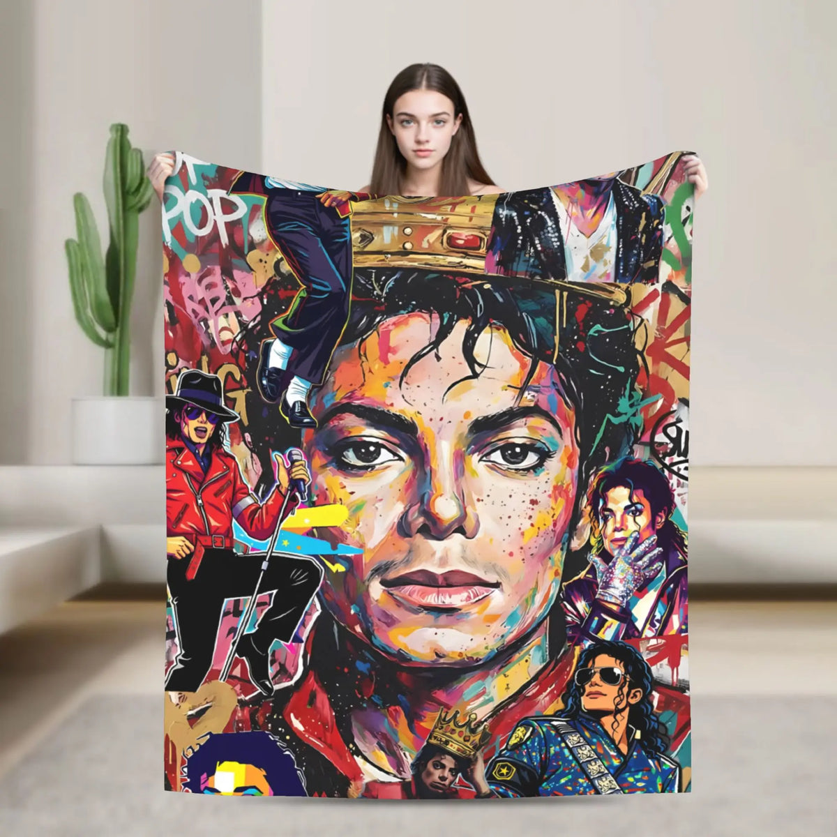 A graphic plush throw blanket featuring a collage of Michael Jackson imagery and vibrant colors.
