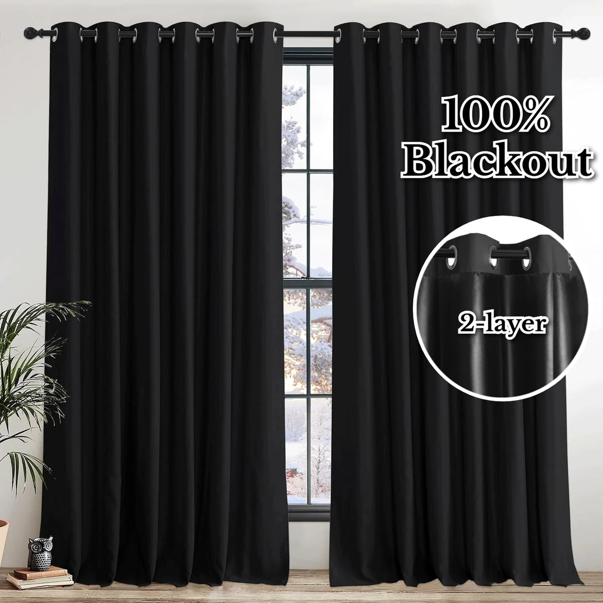 Blackout curtain panels with grommet top shown hanging in a window frame.