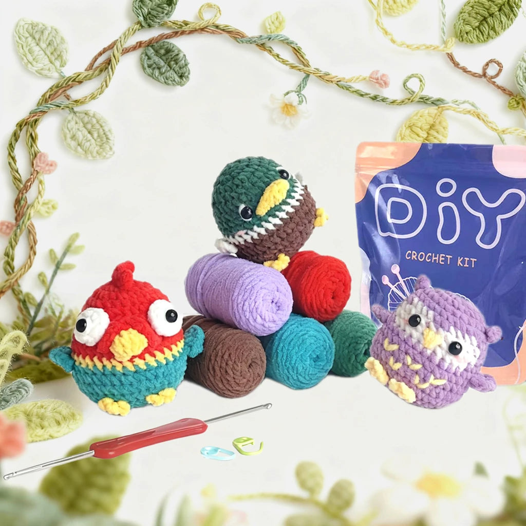 A DIY crochet kit featuring colorful stuffed animals and plants, including a bird and a purple creature.