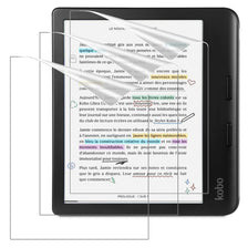 A black Kobo e-reader displaying text with a clear anti-glare matte screen protector applied.
