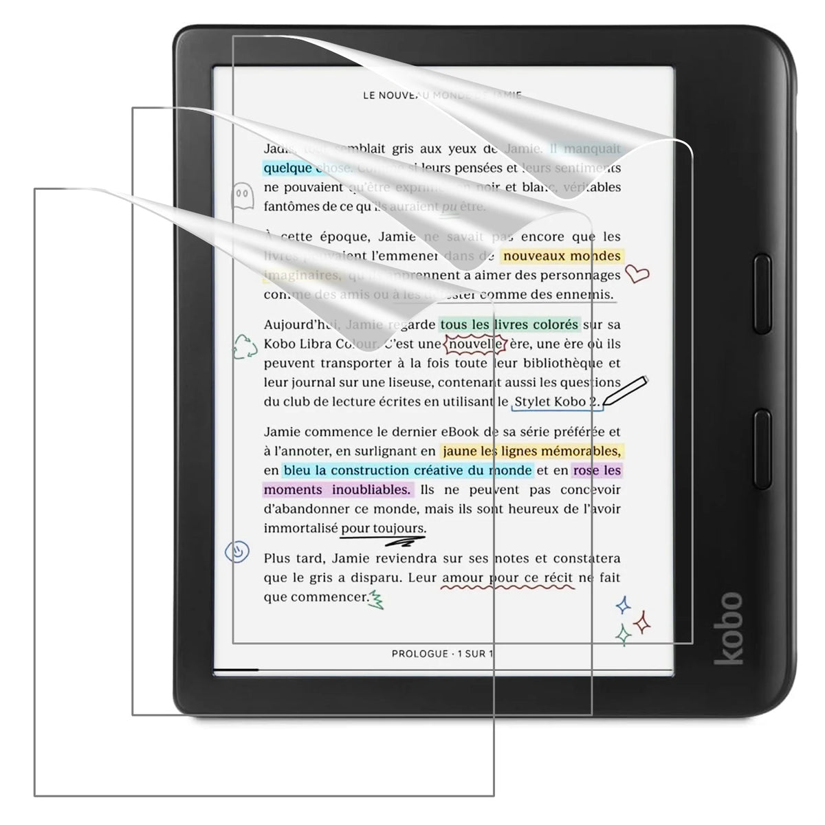 A black Kobo e-reader displaying text with a clear anti-glare matte screen protector applied.