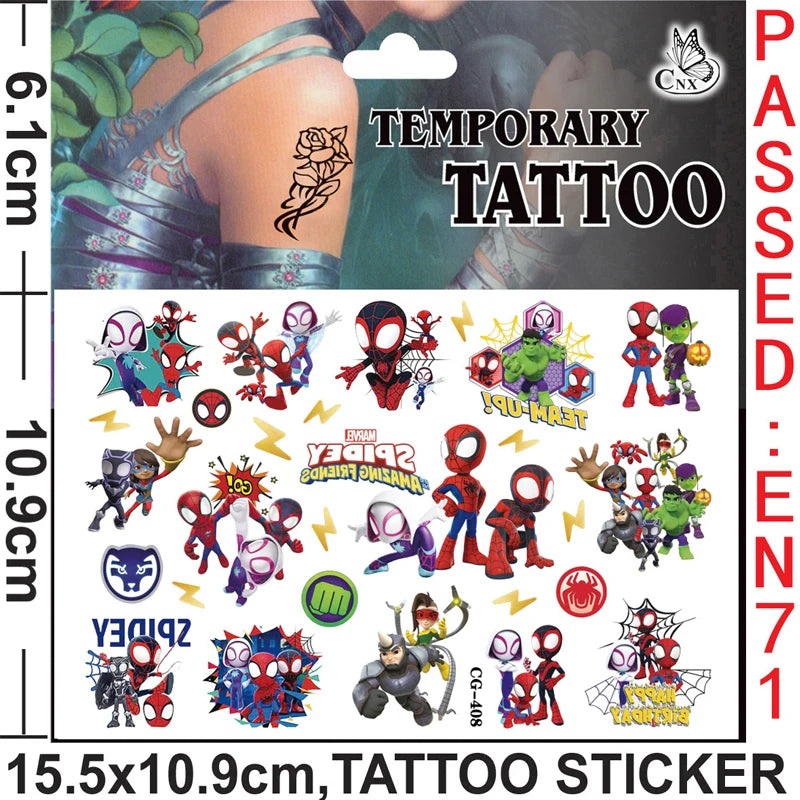 A sheet of temporary tattoos featuring various Spider-Man and friends characters for kids