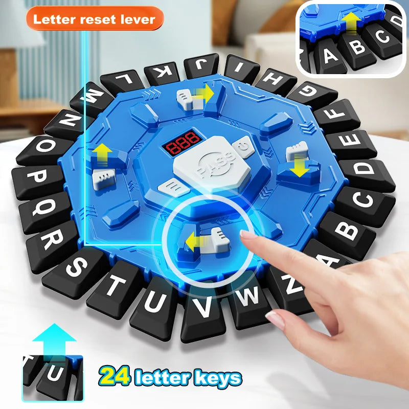 A close-up of a blue letter reset lever puzzle with 24 letter keys and a digital timer display.