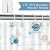 Twelve durable plastic hooks for a shower curtain set featuring nautical starfish and shell designs