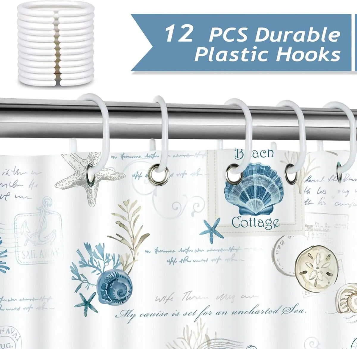 Twelve durable plastic hooks for a shower curtain set featuring nautical starfish and shell designs