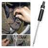 A black brake pad wear gauge with a scale is shown next to close-up images demonstrating its use on a brake caliper.