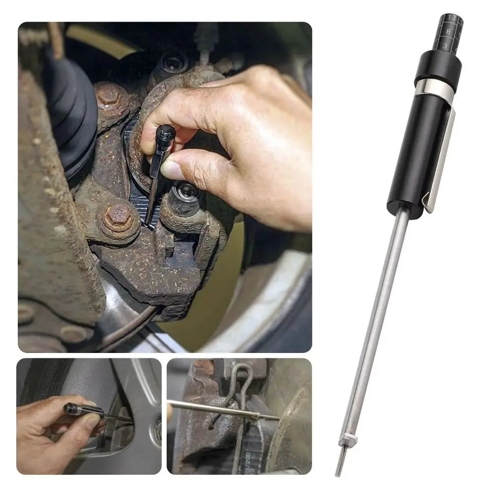 A black brake pad wear gauge with a scale is shown next to close-up images demonstrating its use on a brake caliper.