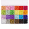 A storage box filled with various colors of 3mm acrylic rice beads arranged in a grid.