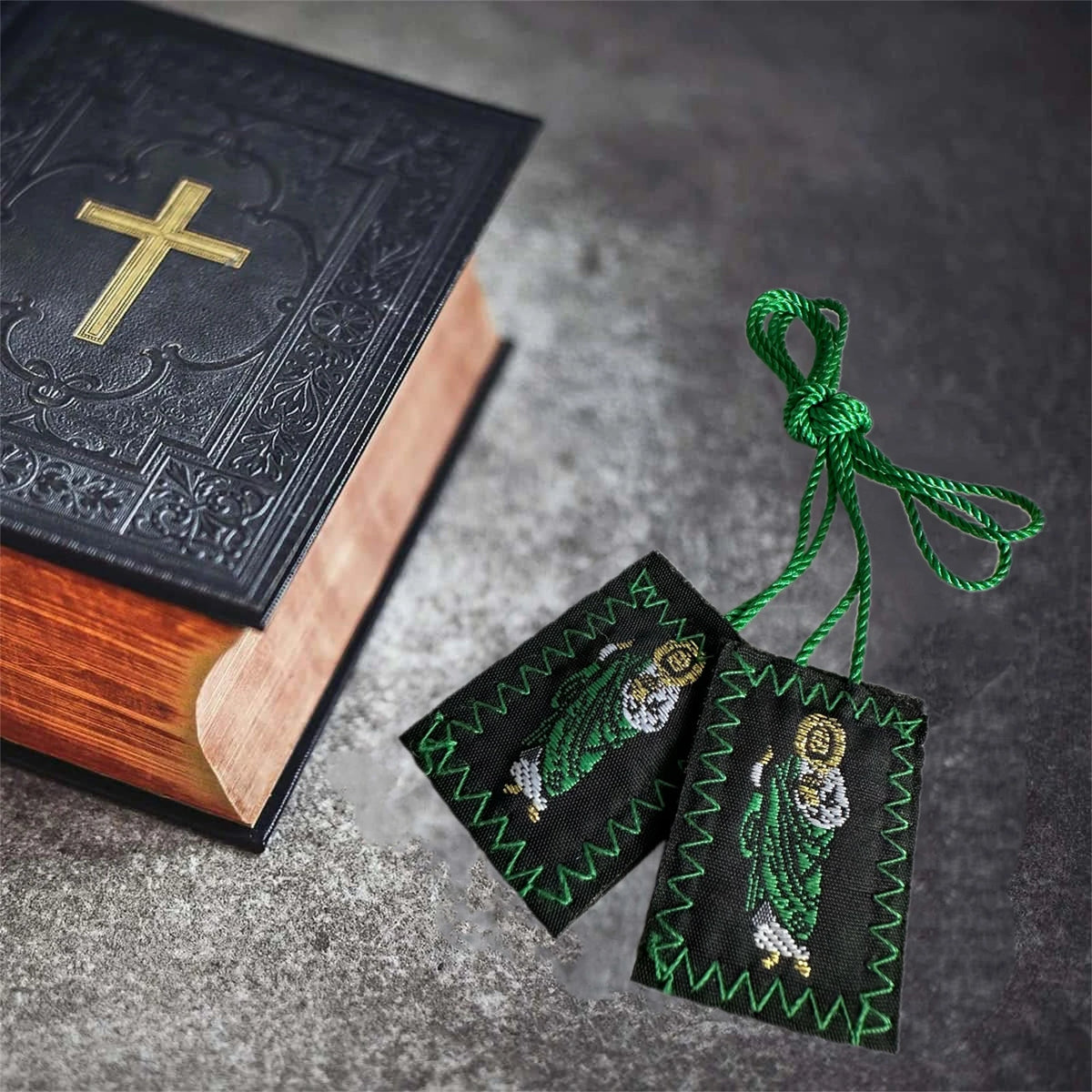 Set of three green scapular necklaces featuring Saint Jude and Our Lady of Guadalupe