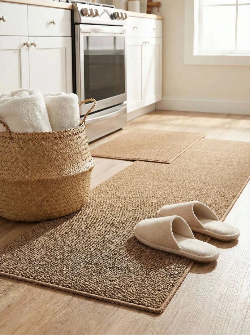 A woven jute kitchen runner rug with light beige slippers and white towels on a wooden floor.