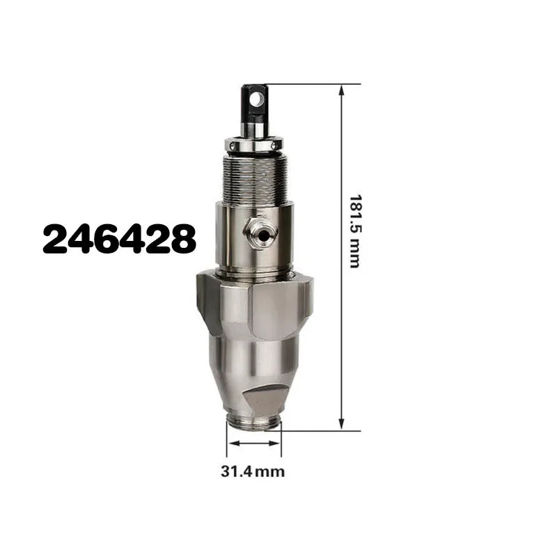 A silver airless sprayer pump plunger rod and valve repair kit with dimensions marked.