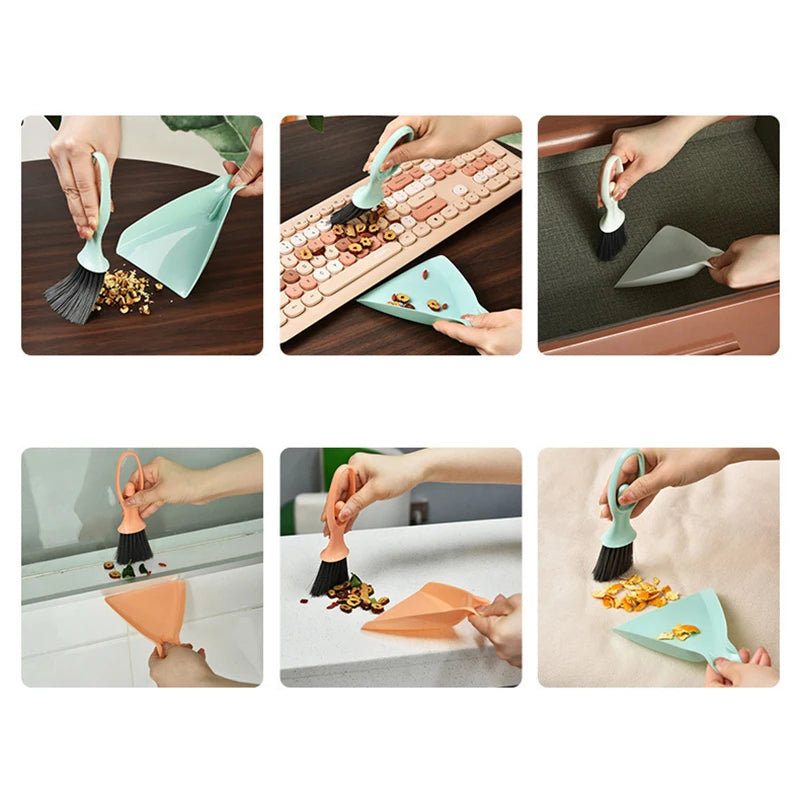 A set of compact mini brooms and dustpans in various colors cleaning a desk and keyboard.