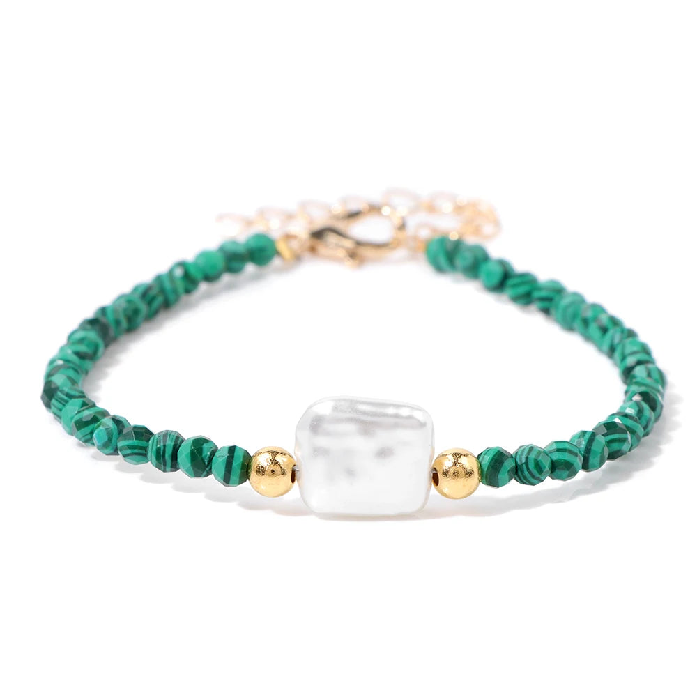 A natural stone bead bracelet featuring green and white stones with an adjustable lace-up closure.