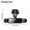 A black dash cam device with a lens and screen, shown with its dimensions.