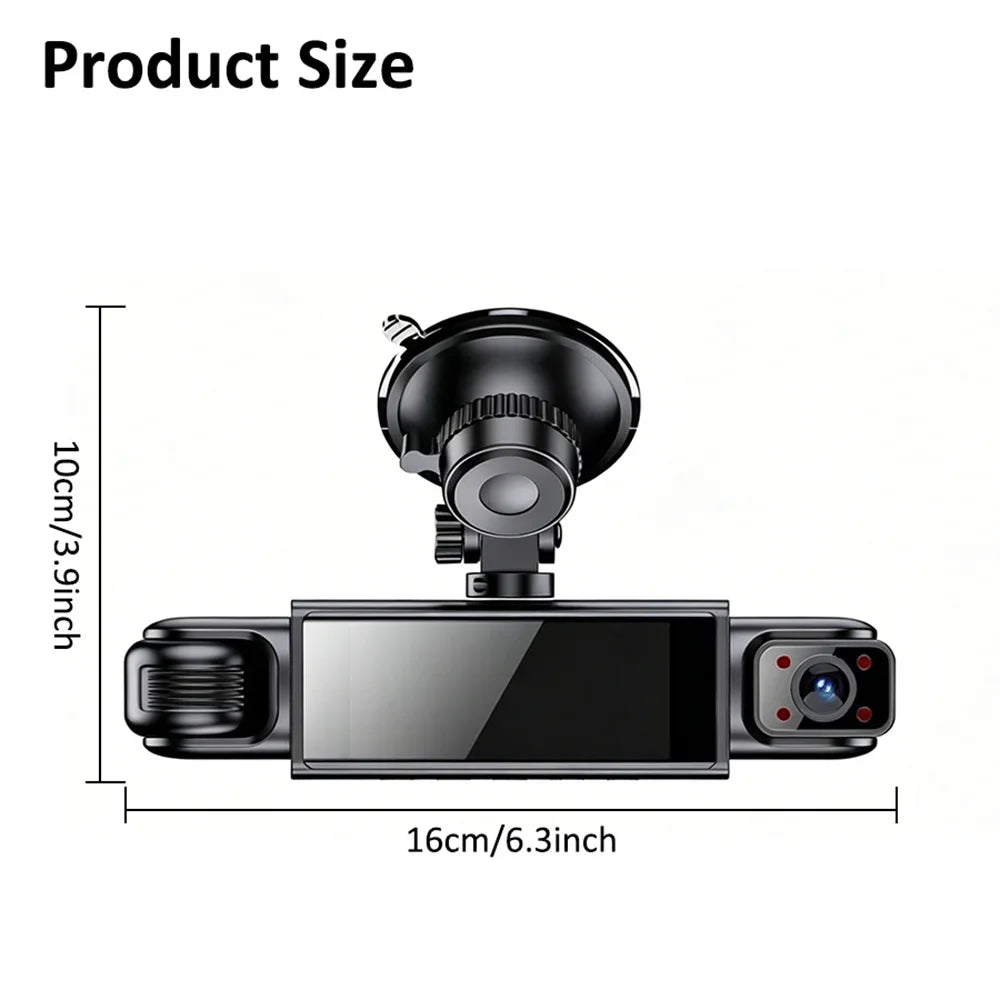 A black dash cam device with a lens and screen, shown with its dimensions.