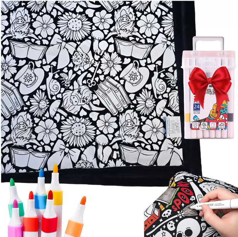 Reusable Fleece Coloring Blanket with 24 Washable Markers