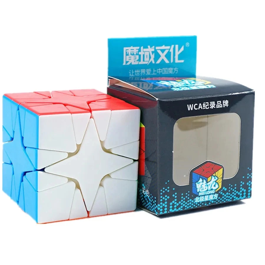 A box and a cube of the Meilong Alien Speed Cube puzzle in red, white, and blue colors.