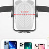 A universal phone holder and stroller cup attachment for various iPhone models, showing compatibility measurements.