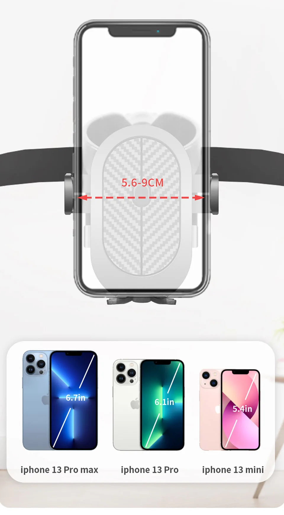 A universal phone holder and stroller cup attachment for various iPhone models, showing compatibility measurements.