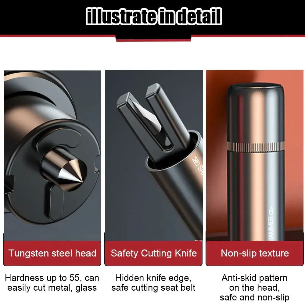 A set of tools including a tungsten steel head, safety cutting knife, and a non-slip texture tool for car emergency use.