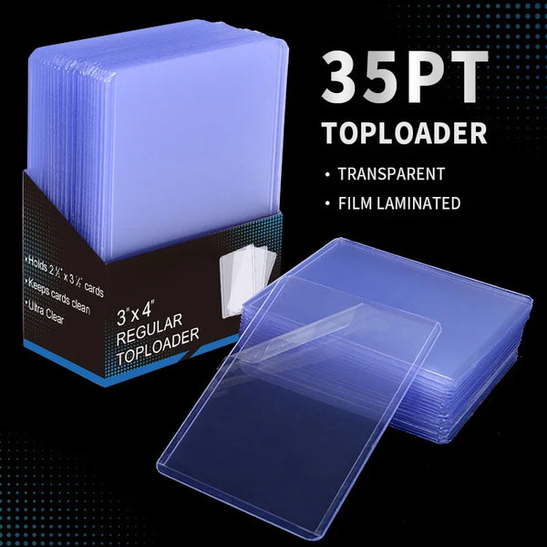 A box of 35pt toploader plastic sheets and a clear plastic toploader are shown on a black background.