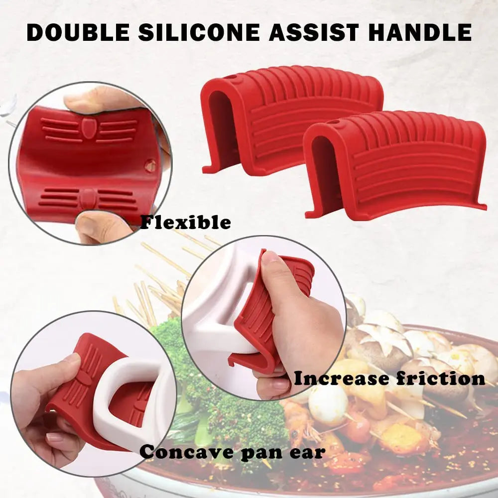 Red silicone assist handle covers for pans showing flexible design and concave pan ears