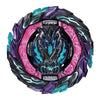 A battle spinning top with metal construction featuring purple, teal, and pink accents.