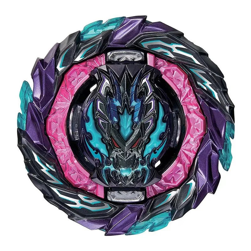 A battle spinning top with metal construction featuring purple, teal, and pink accents.