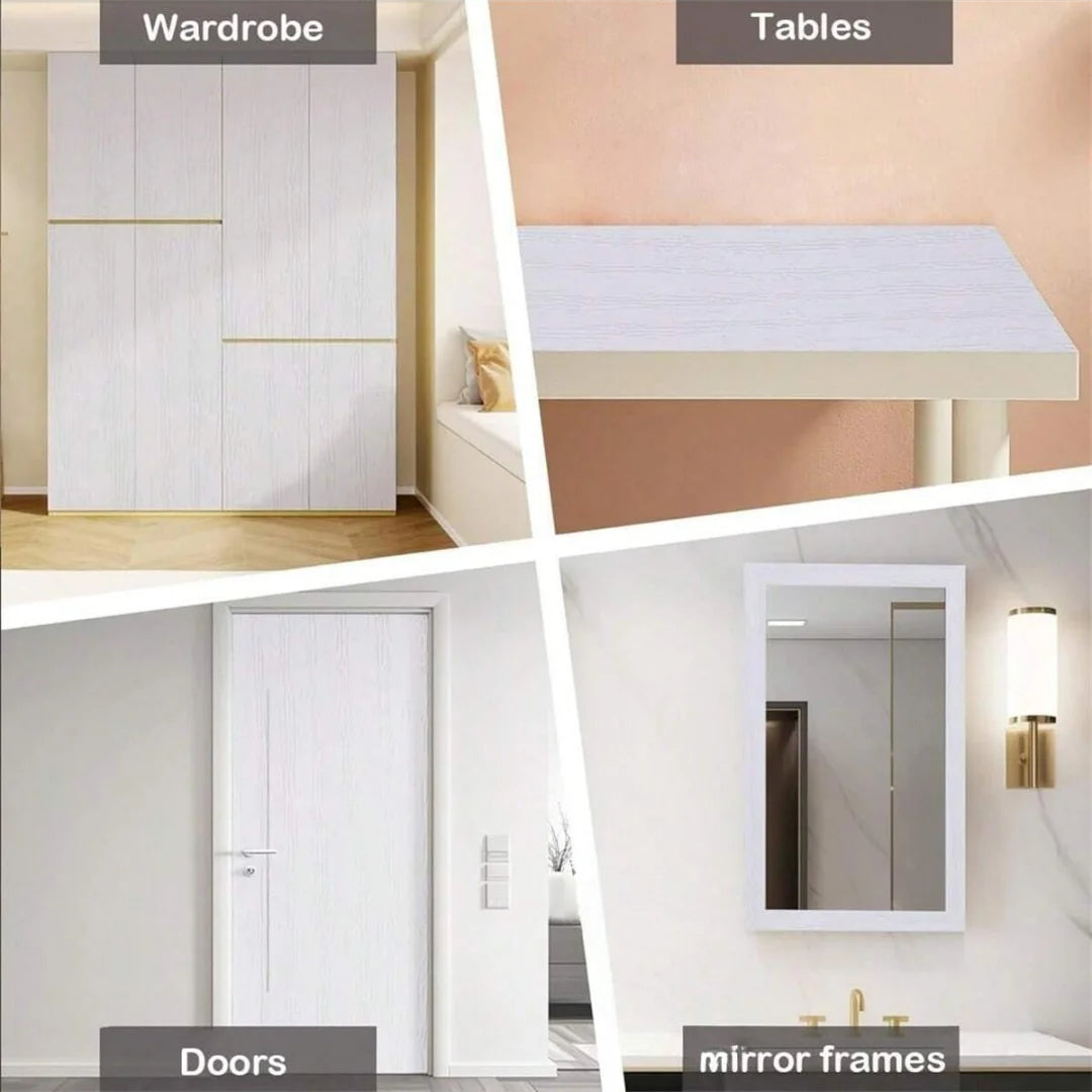 A collage showing a wardrobe, tables, and doors with wood grain cabinet and furniture refacing film.