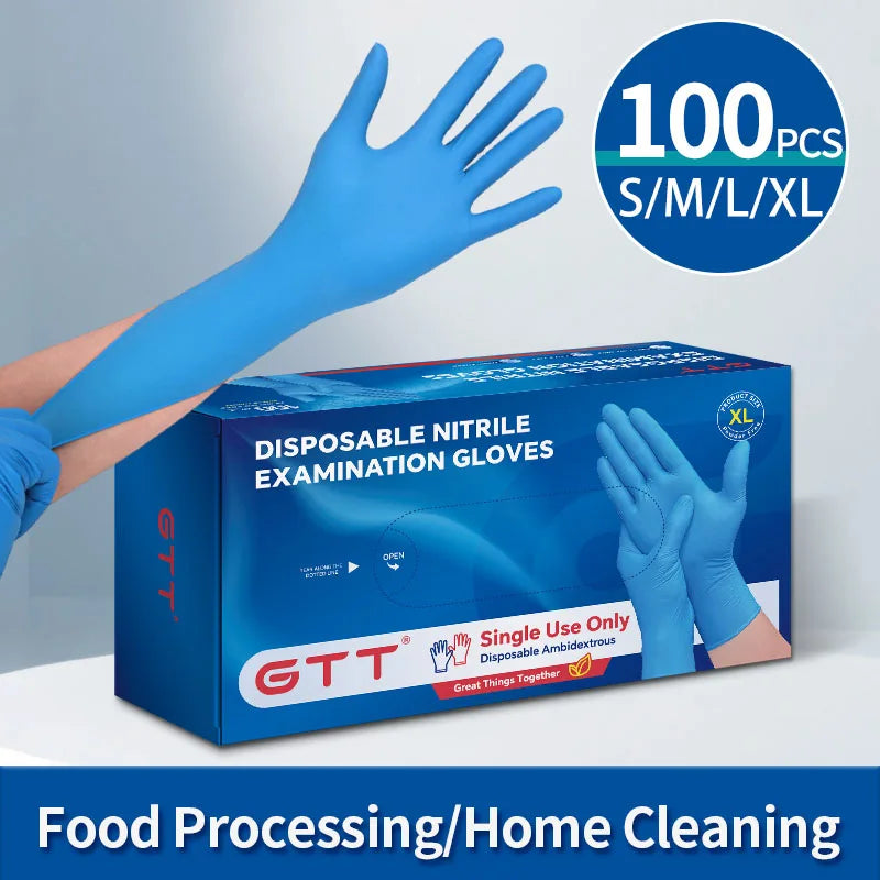 Box of 100 disposable blue nitrile examination gloves for food processing and home cleaning