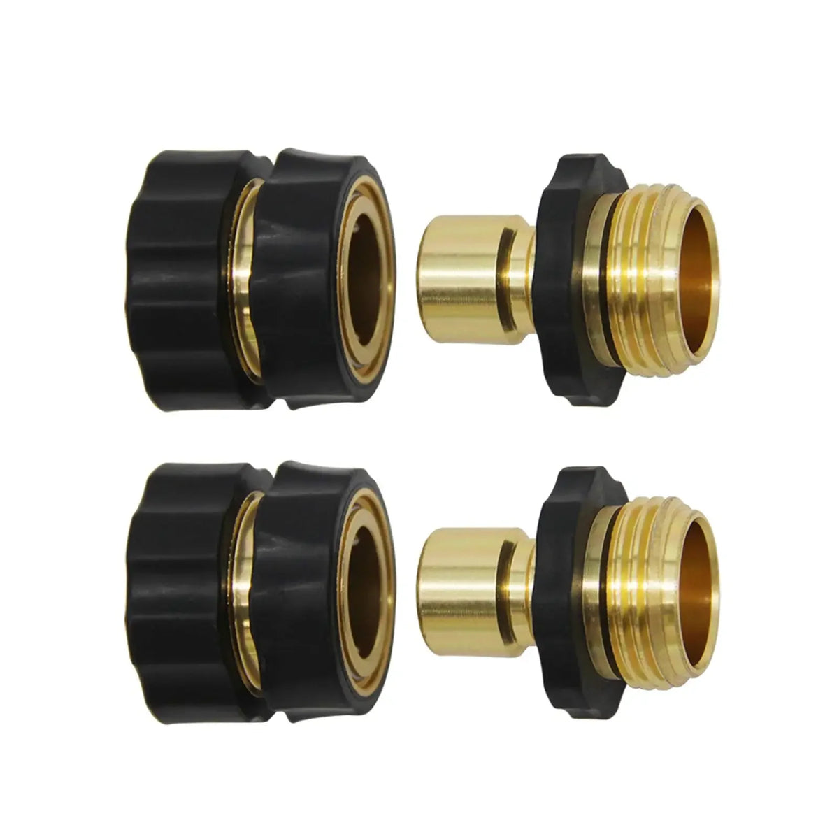 A set of heavy-duty metal garden hose quick connectors in black and brass finish.