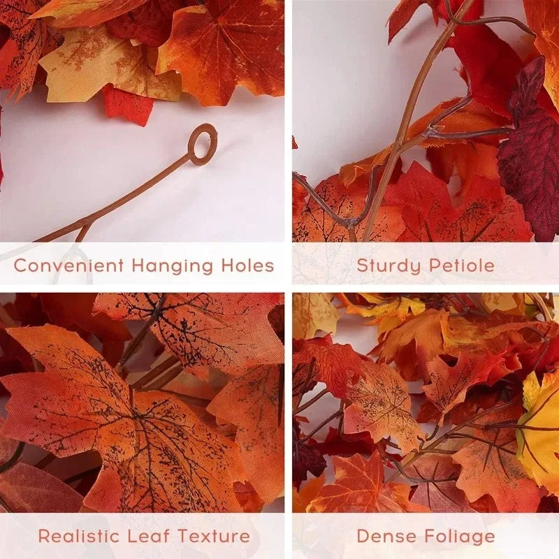 Artificial maple leaf garland showing various textures and colors of autumn foliage