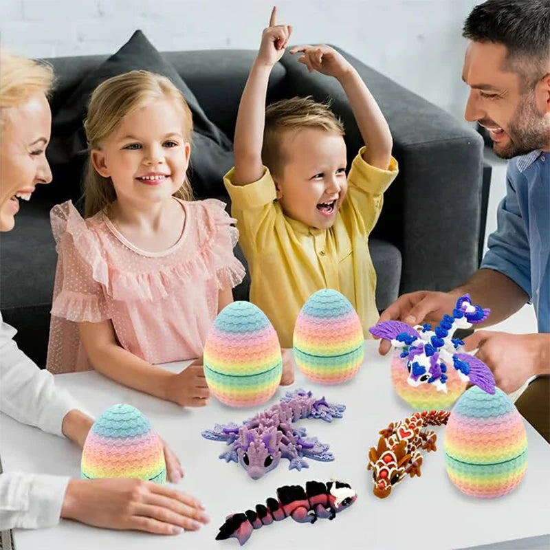 A family is gathered around a table with six colorful, egg-shaped mini dragons for Easter and decor.