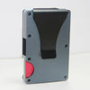 A slim aluminum RFID blocking wallet with a money clip shown from the front.