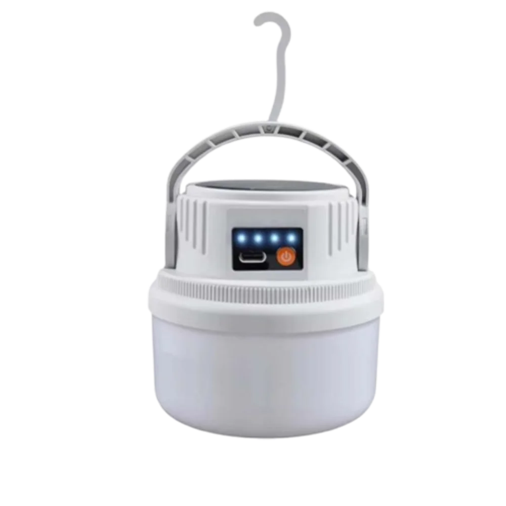 A white portable solar and USB rechargeable camping lantern with a handle.