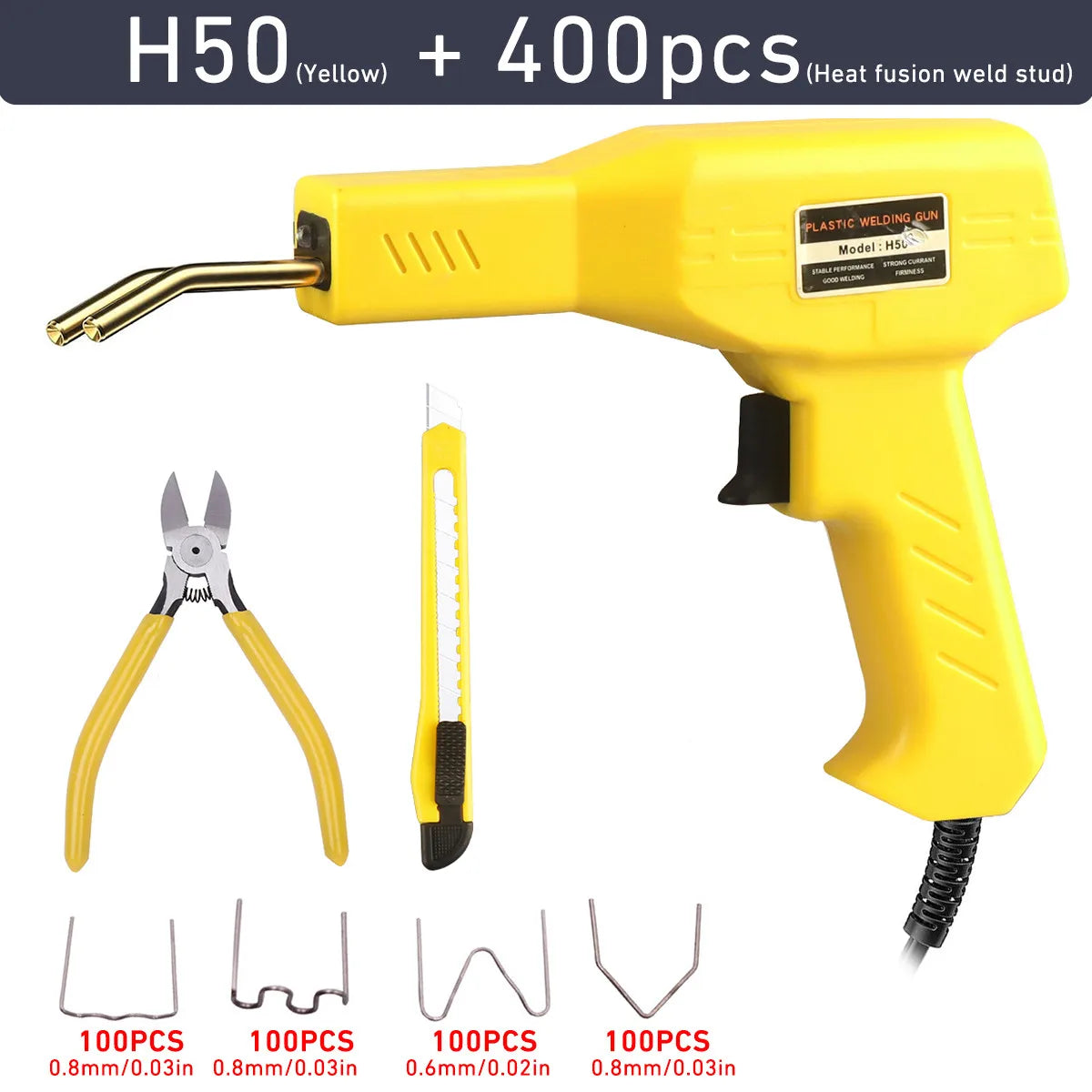 Yellow H50 plastic welding gun with 400 pieces of heat fusion weld stud and various tools