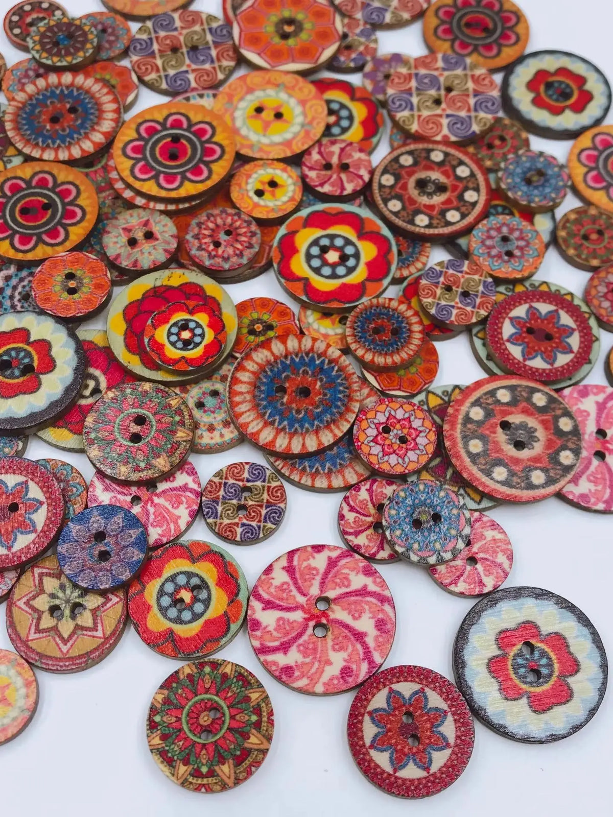 Vintage Wooden Buttons Assortment with Floral Designs