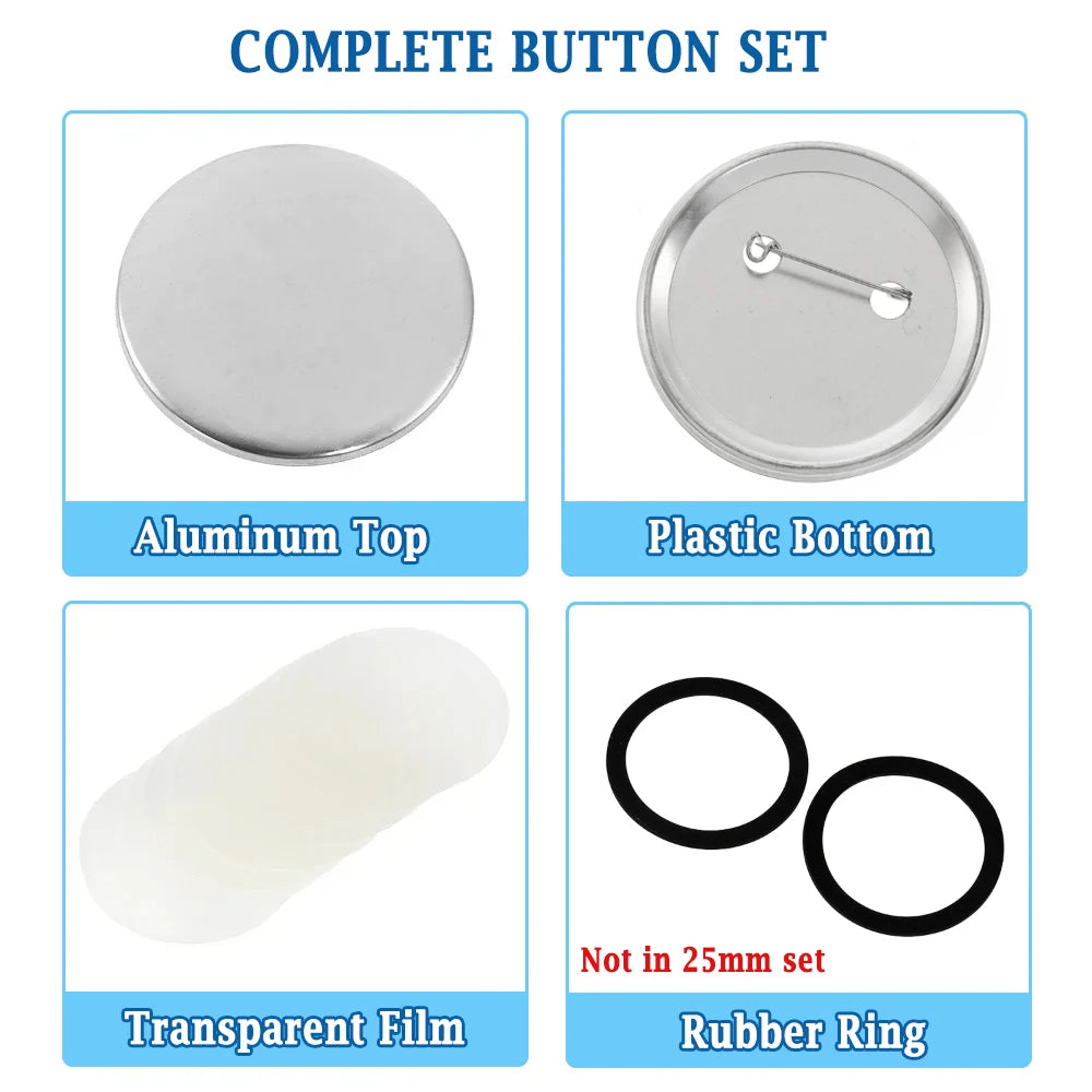 Complete button set including aluminum top, plastic bottom, transparent film, and rubber ring for DIY button making