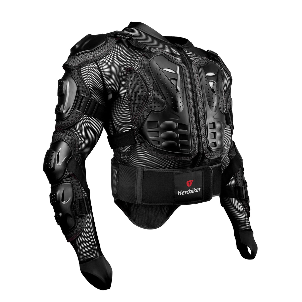 Black motocross armor jacket featuring impact protection and mesh detailing.
