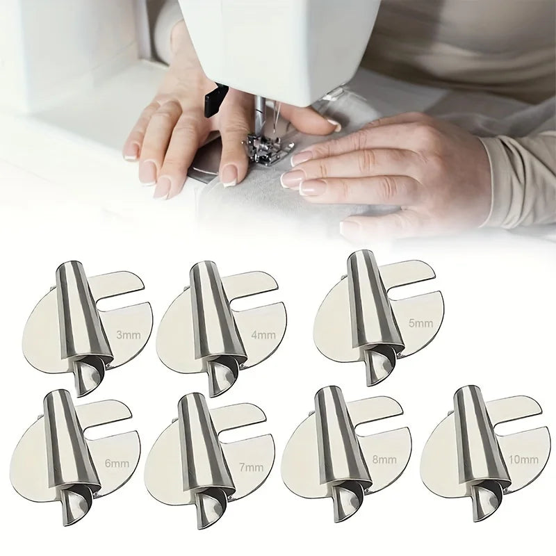 A set of rolled hemmer foot attachments for sewing machines in various sizes from 3mm to 10mm.