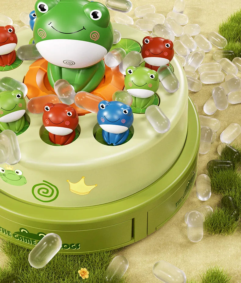 A colorful game featuring various frog figures in a green and orange tray with clear plastic elements.