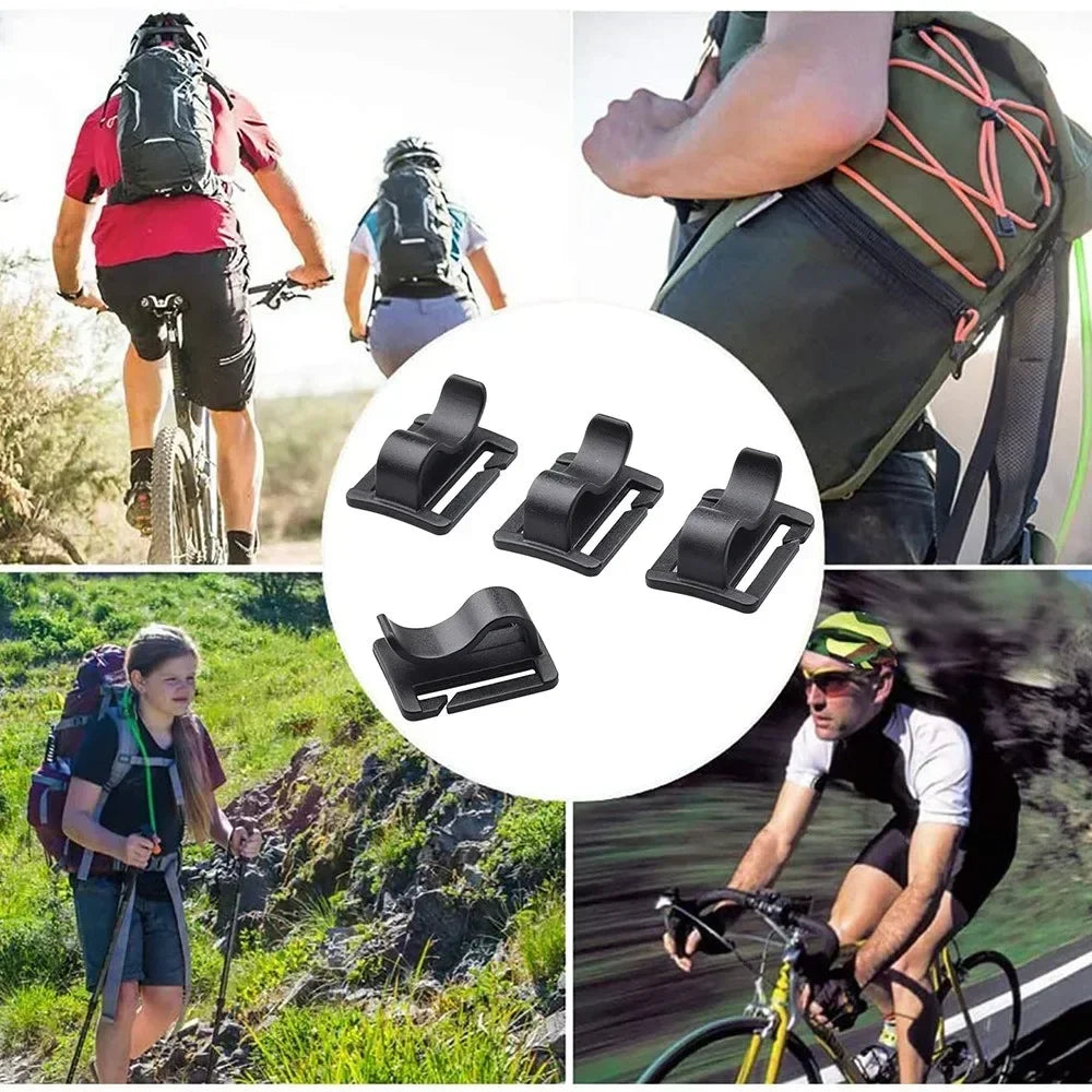 A collection of hydration tube clips and a backpack demonstrating the product for outdoor activities.