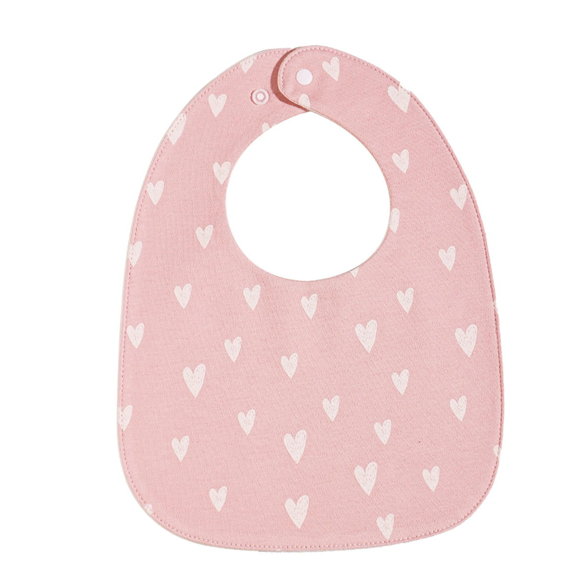 A pink baby bib with a U-shaped design featuring a pattern of white hearts on a soft fabric.