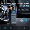 A black portable air compressor for tire inflation, showing a digital display and hose, next to a car wheel.