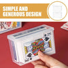 A hand holds a clear plastic card storage box designed for playing cards and business cards, next to a box of similar size.