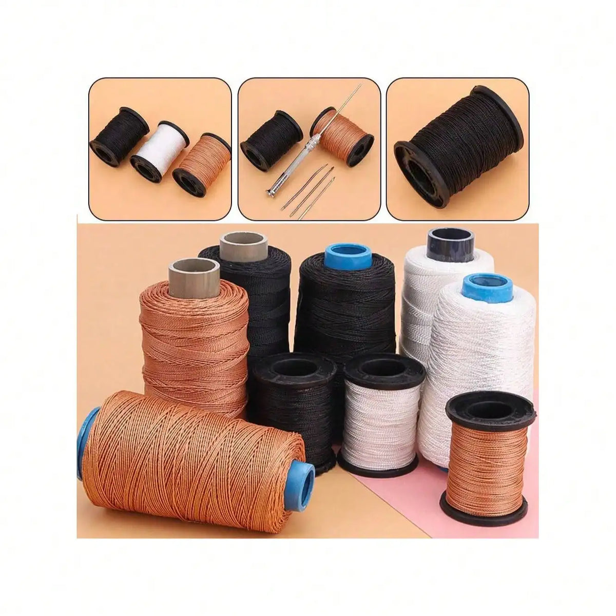 A collection of black, brown, and white waxed nylon thread spools and a large spool of orange-brown thread for sewing and rep