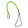 A bright lime green bungee tether with a carabiner hook.