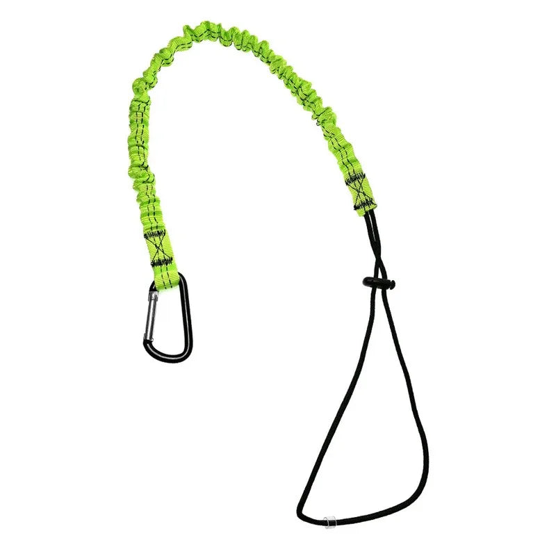A bright lime green bungee tether with a carabiner hook.