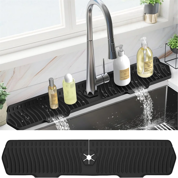 Black silicone kitchen sink splash guard and drainage mat with a modern faucet